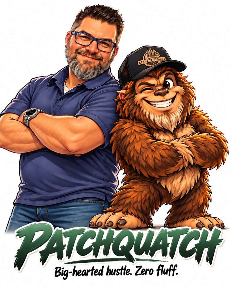 Illustration of Wes Kennedy with Patchquatch, the Kennedy Designs Bigfoot mascot — Big-hearted hustle. Zero fluff.
