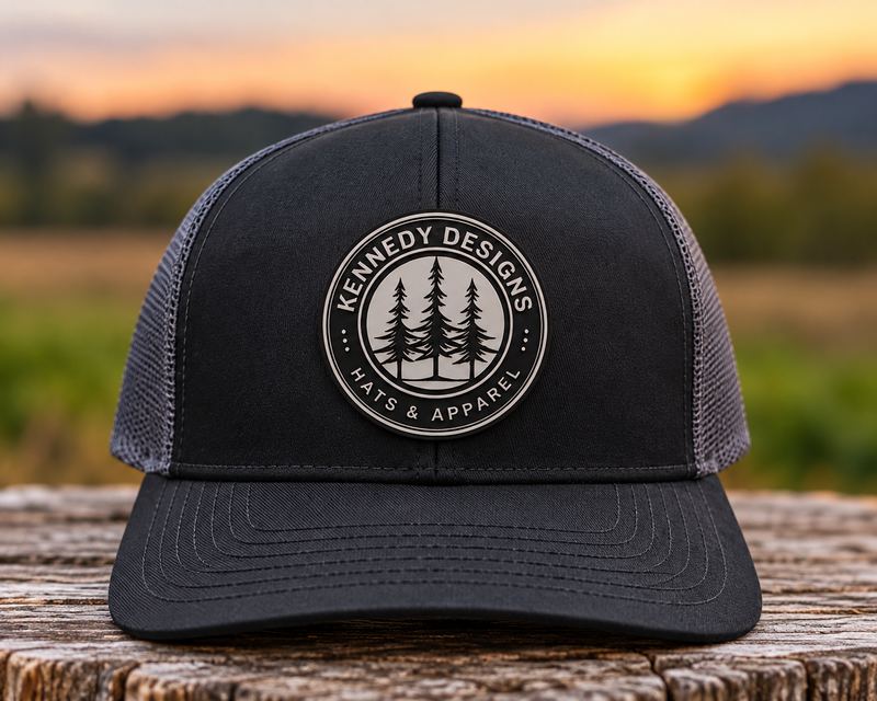 Black trucker hat with the round Kennedy Designs Hats & Apparel pine-tree patch, sitting on a stump in front of a sunset field