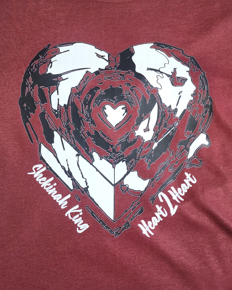 Maroon tee with a 'Shekinah King Heart 2 Heart' heart design