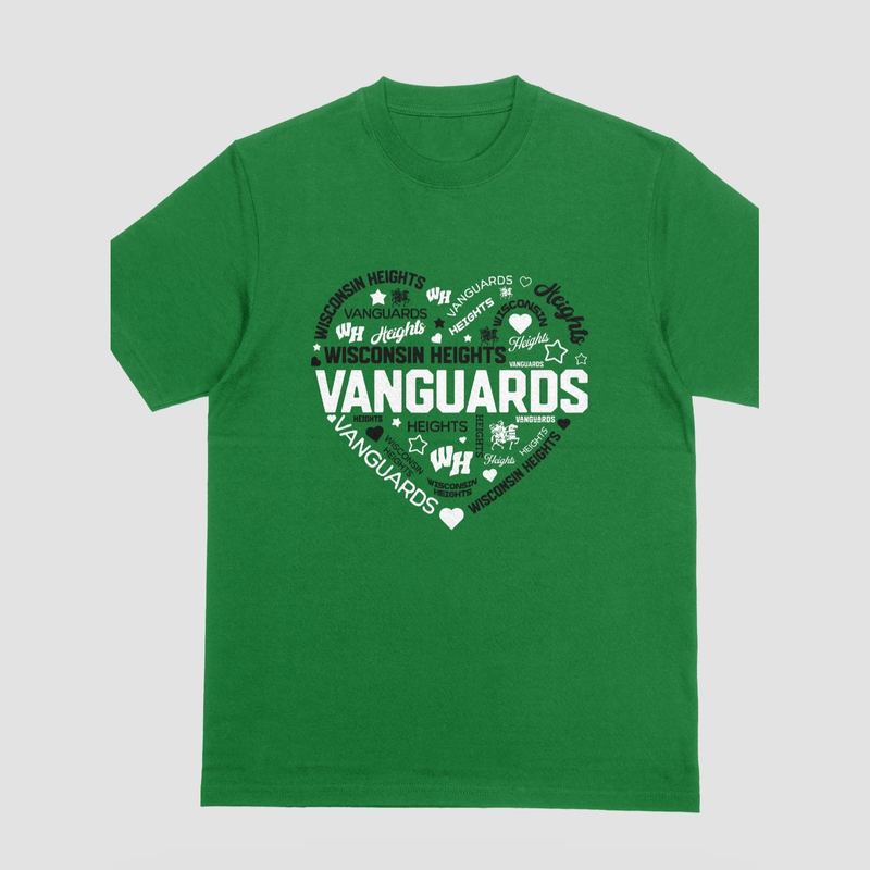 Kelly green tee with a heart-shaped Wisconsin Heights Vanguards school spirit design (mockup)